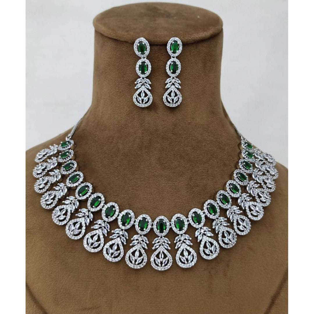 Silver Finish Premium Quality American Diamond and Emerald Green Stones  Necklace Set With Earrings - Etsy
